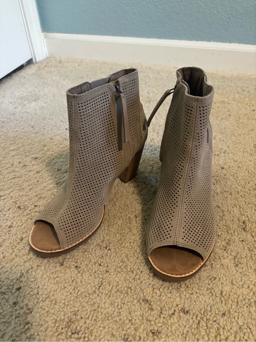 Toms Majorca Peep Toe Perforated Suede Ankle Boots